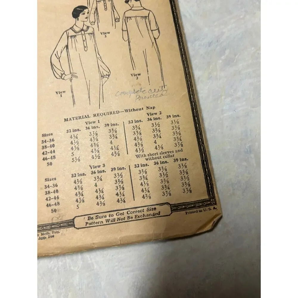 Antique 1920's-30's Pictorial Review Pattern #3531 Ladies‎ Nightgown